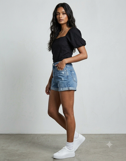 Distressed High-Rise Denim Shorts
