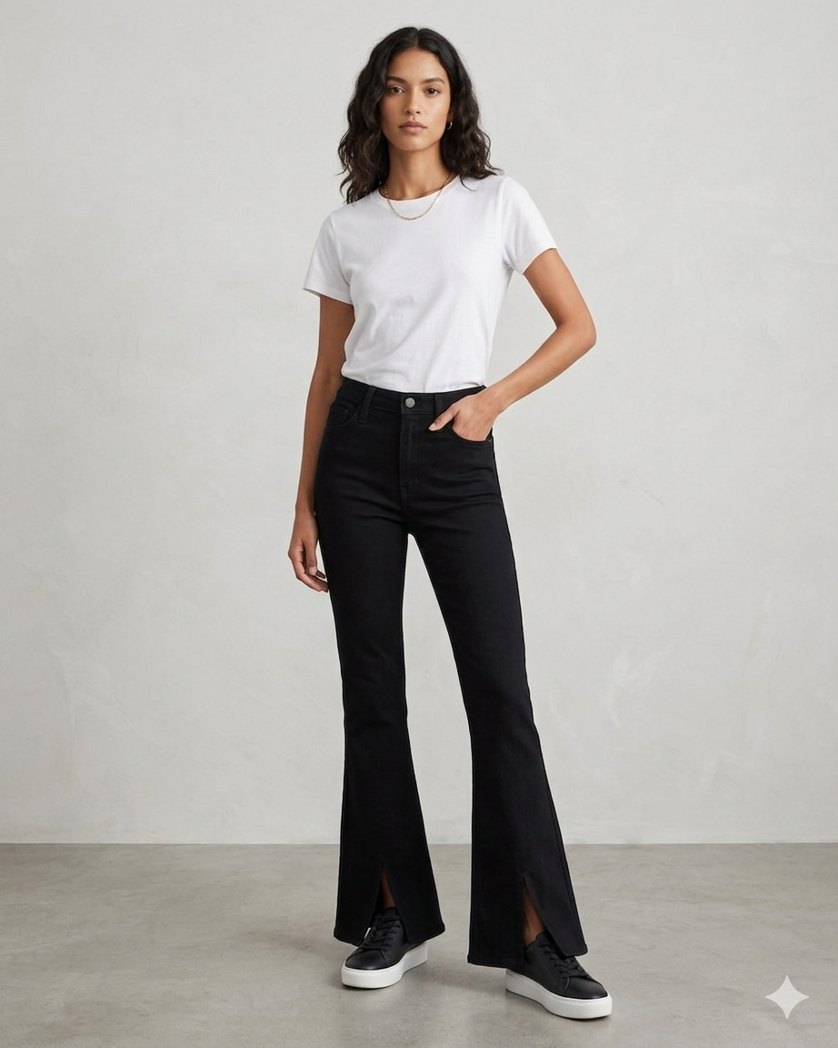 jet-black bell-bottom jeans