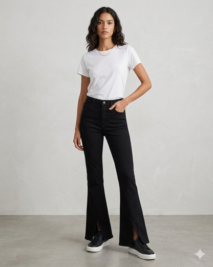 jet-black bell-bottom jeans