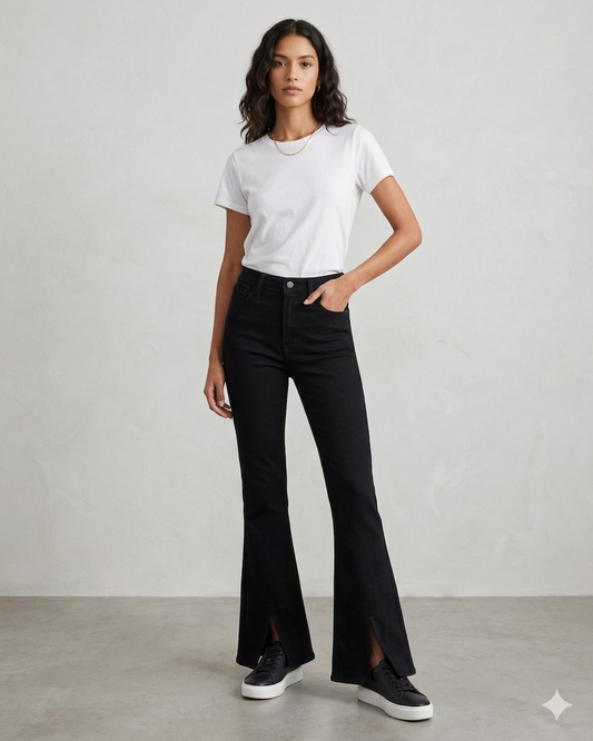 jet-black bell-bottom jeans