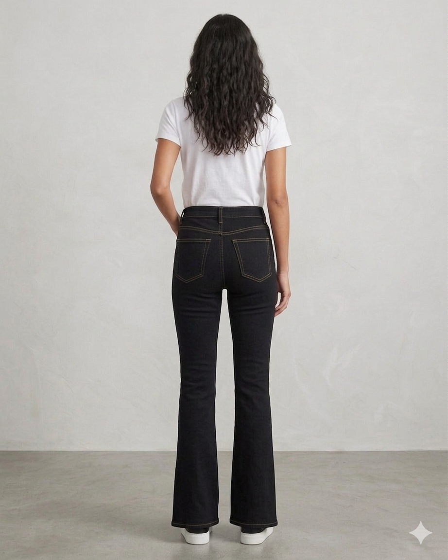jet-black bell-bottom jeans