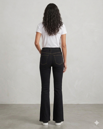 jet-black bell-bottom jeans