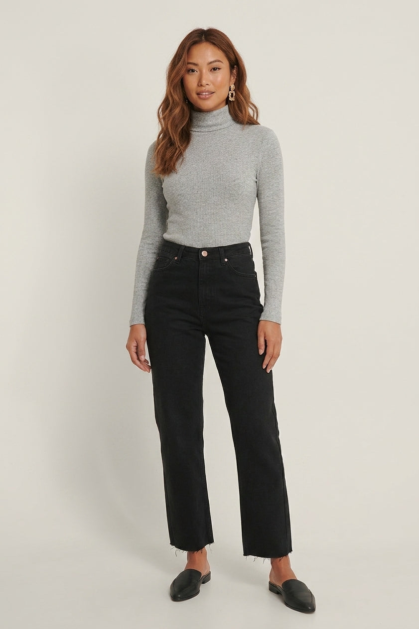 Straight High Waist Raw Hem Jeans
