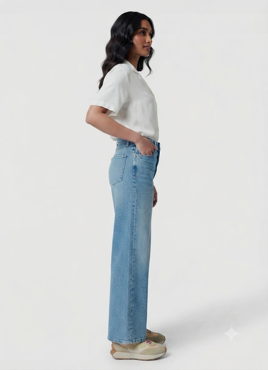 Wide Leg  loose Fit High Waist Jeans Mid Blue