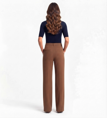 Brown Tailored Wide-Leg Pants with Elastic Back Belt