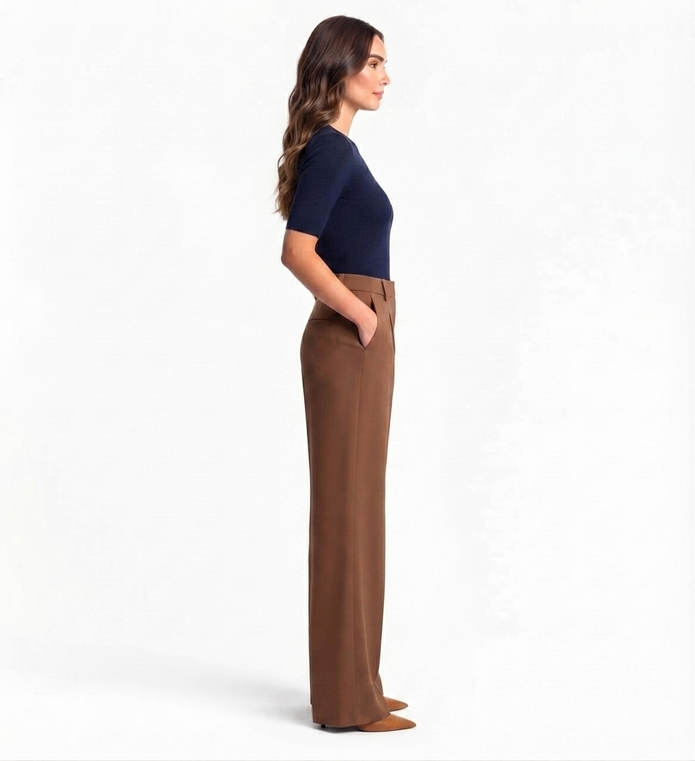 Brown Tailored Wide-Leg Pants with Elastic Back Belt