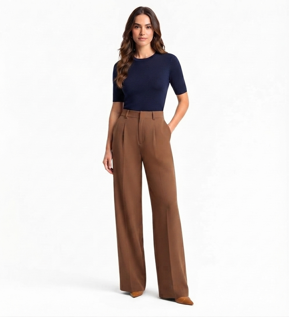 Brown Tailored Wide-Leg Pants with Elastic Back Belt