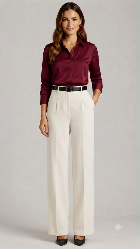 White Tailored Wide-Leg Pant with Elastic Back Belt