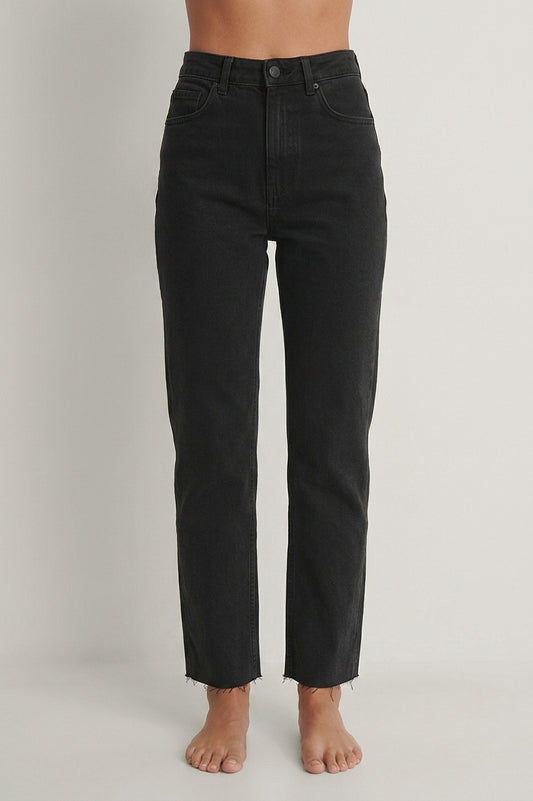 Straight High Waist Raw Hem Jeans