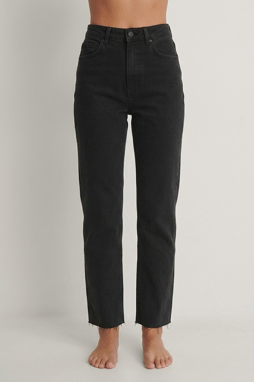Straight High Waist Raw Hem Jeans
