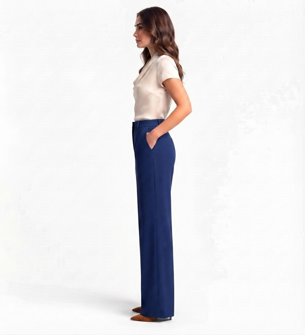 Blue Tailored Wide-Leg Pant with Elastic Back Belt