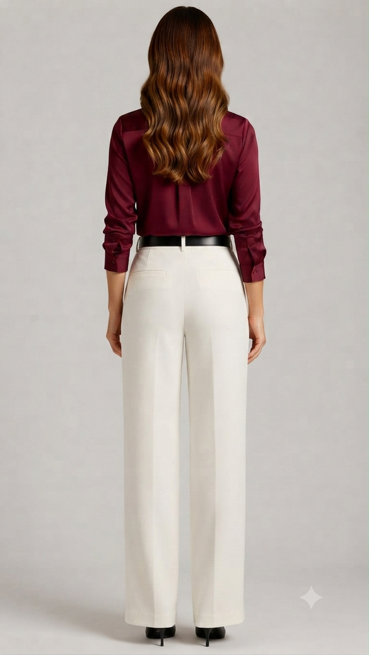 White Tailored Wide-Leg Pant with Elastic Back Belt