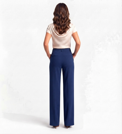 Blue Tailored Wide-Leg Pant with Elastic Back Belt