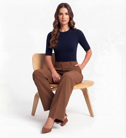 Brown Tailored Wide-Leg Pants with Elastic Back Belt