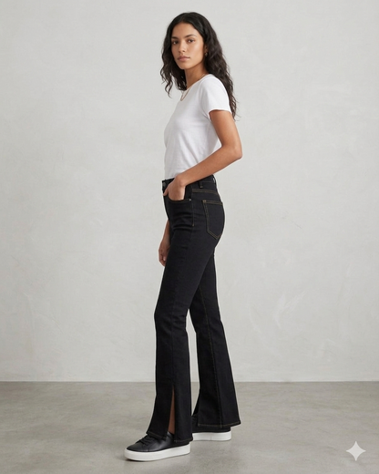 jet-black bell-bottom jeans
