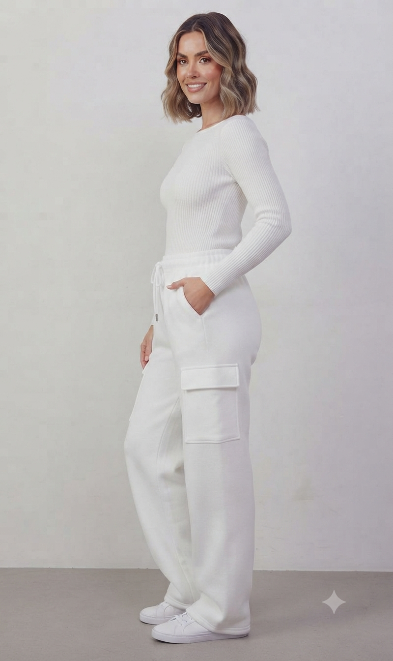 White High-Waisted Cargo Sweatpant