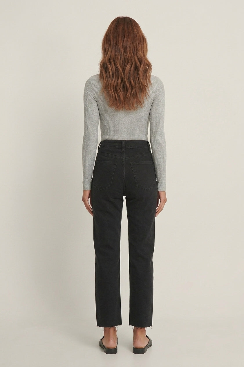 Straight High Waist Raw Hem Jeans