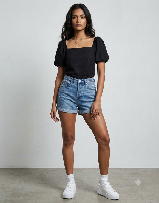 Distressed High-Rise Denim Shorts