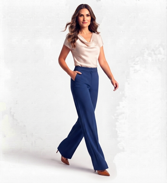 Blue Tailored Wide-Leg Pant with Elastic Back Belt