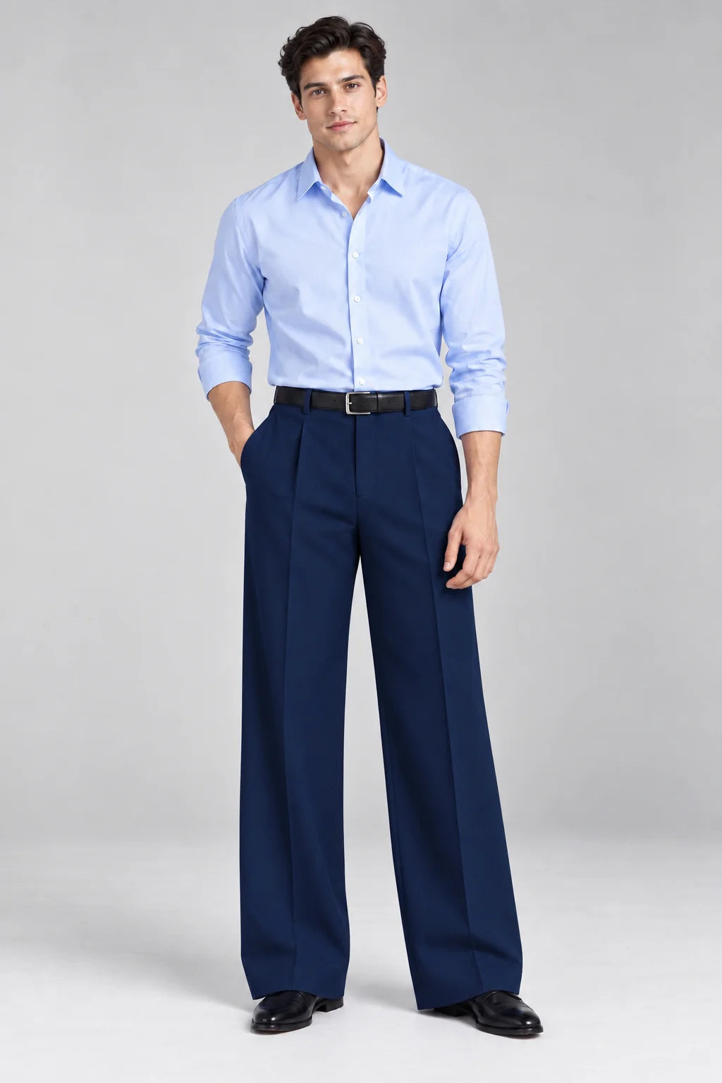 MENS Blue Tailored Wide-Leg Pant with Elastic Back Belt
