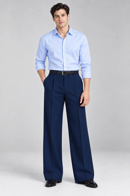 MENS Blue Tailored Wide-Leg Pant with Elastic Back Belt