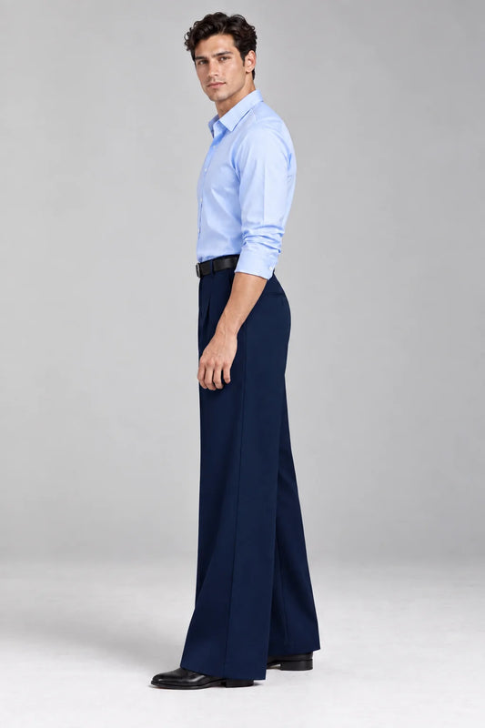MENS Blue Tailored Wide-Leg Pant with Elastic Back Belt