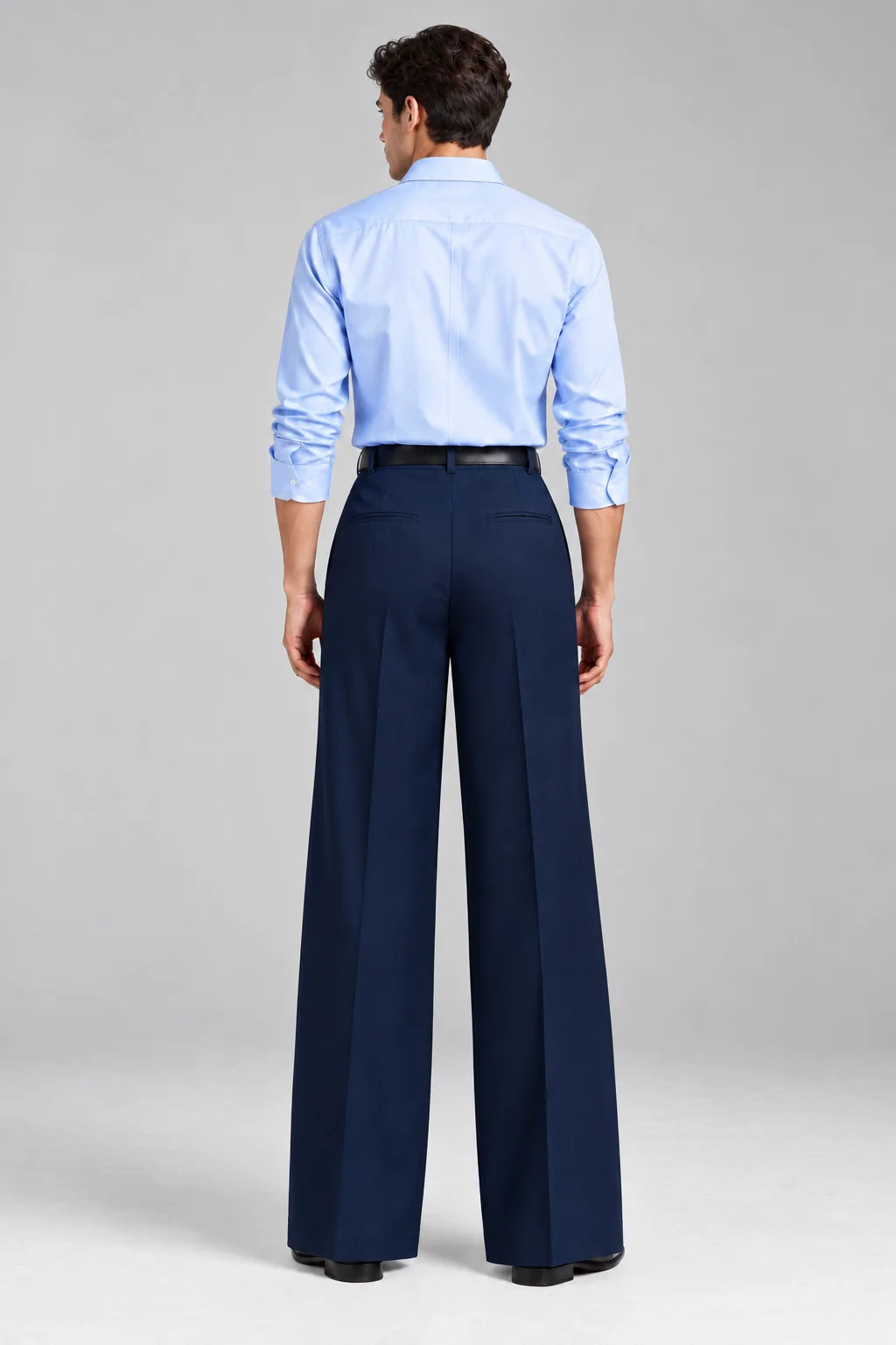 MENS Blue Tailored Wide-Leg Pant with Elastic Back Belt