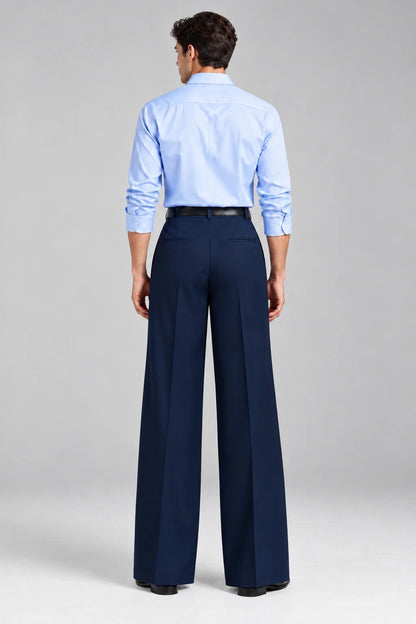 MENS Blue Tailored Wide-Leg Pant with Elastic Back Belt