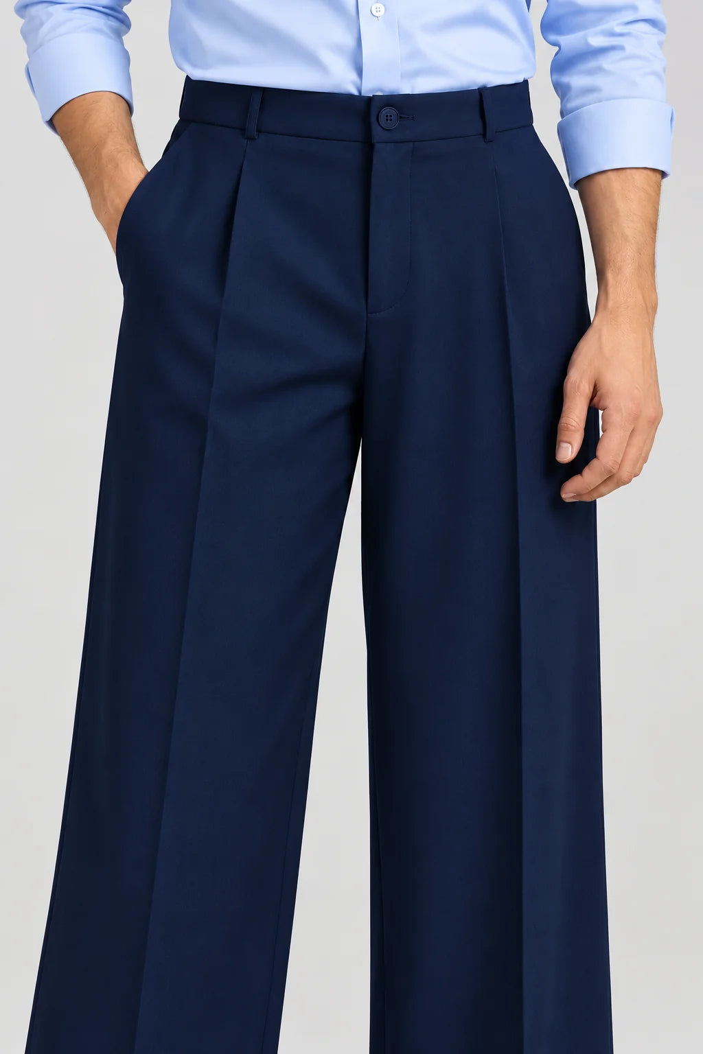 MENS Blue Tailored Wide-Leg Pant with Elastic Back Belt