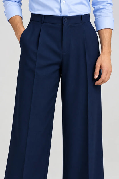 MENS Blue Tailored Wide-Leg Pant with Elastic Back Belt