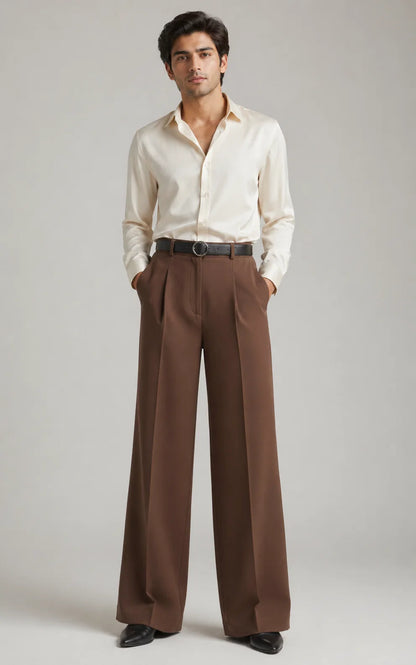 MENS Brown Tailored Wide-Leg Pants with Elastic Back Belt
