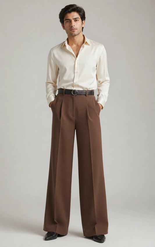 MENS Brown Tailored Wide-Leg Pants with Elastic Back Belt