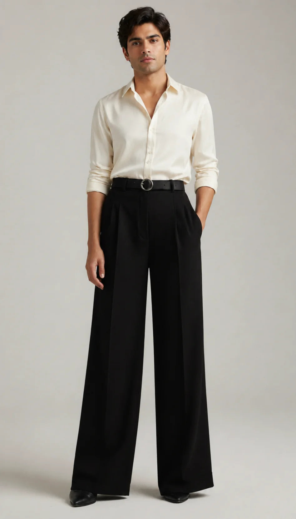 MENS Black Tailored Wide-Leg Pant with Elastic Back Belt