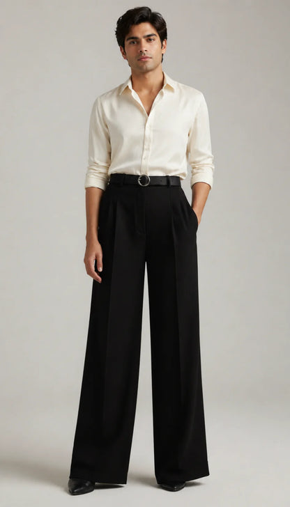 MENS Black Tailored Wide-Leg Pant with Elastic Back Belt