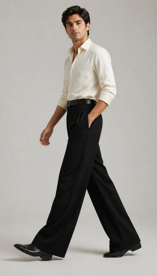 MENS Black Tailored Wide-Leg Pant with Elastic Back Belt