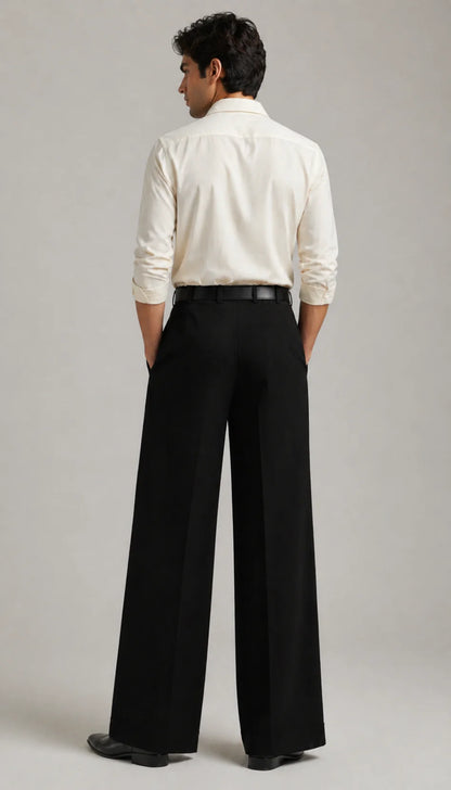 MENS Black Tailored Wide-Leg Pant with Elastic Back Belt