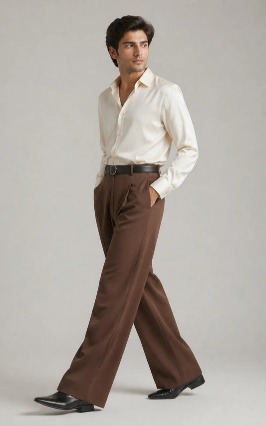 MENS Brown Tailored Wide-Leg Pants with Elastic Back Belt