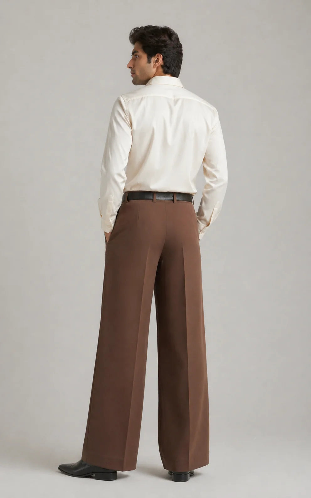MENS Brown Tailored Wide-Leg Pants with Elastic Back Belt