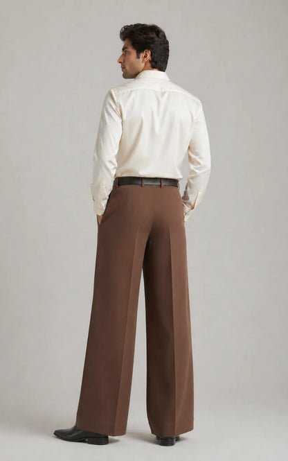 MENS Brown Tailored Wide-Leg Pants with Elastic Back Belt