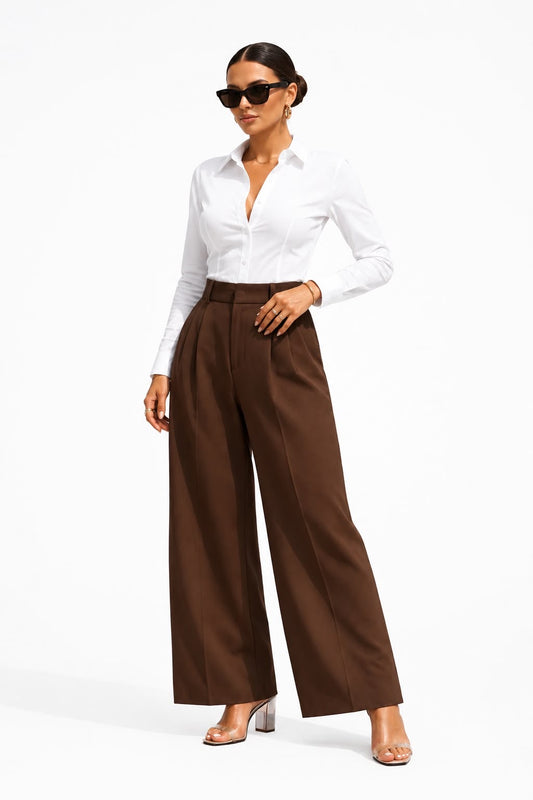 Brown Tailored Wide-Leg Pants with Elastic Back Belt