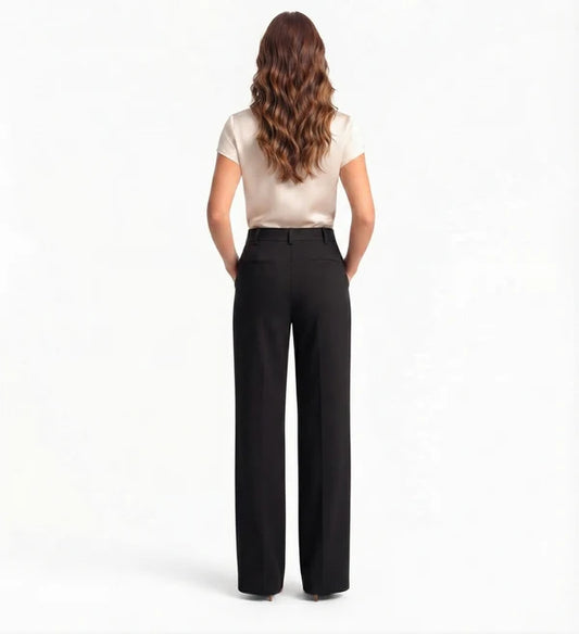 Black Tailored Wide-Leg Pant with Elastic Back Belt