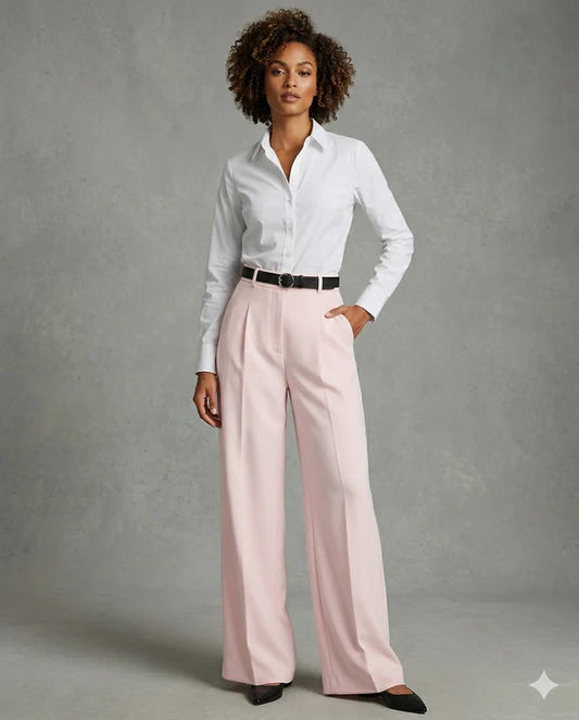 Pink Tailored Wide-Leg Pant with Elastic Back Belt