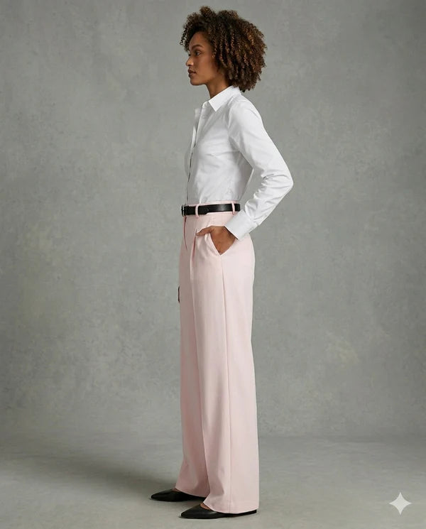 Pink Tailored Wide-Leg Pant with Elastic Back Belt