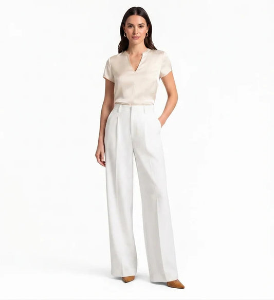 White Tailored Wide-Leg Pant with Elastic Back Belt