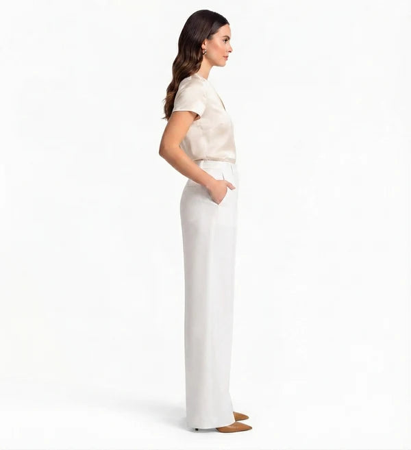 White Tailored Wide-Leg Pant with Elastic Back Belt